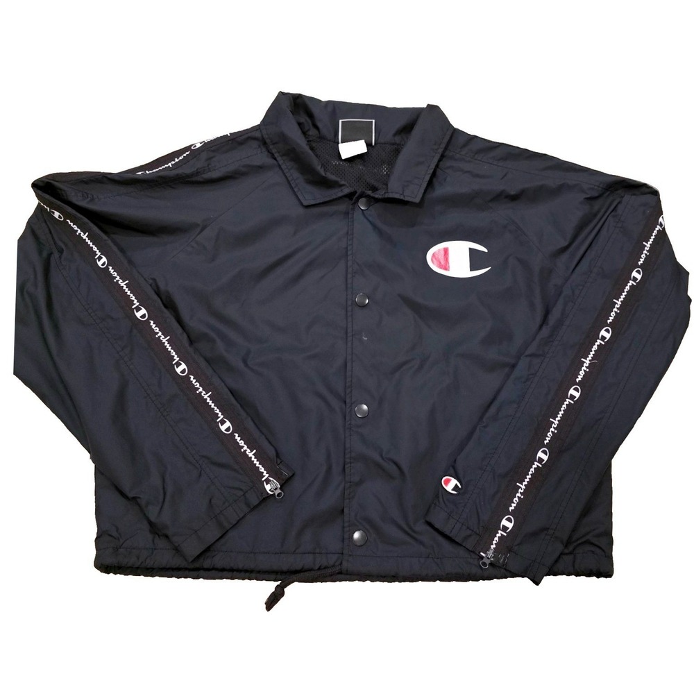 Champion Womens Cropped Coaches Jacket Large Black Zipper Sleeve Logo Tape